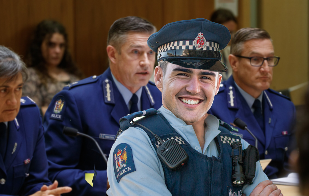 police officer smiling in front of two corrupt police officers.