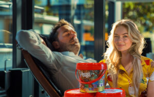 cookie time girl with relaxed office worker behind