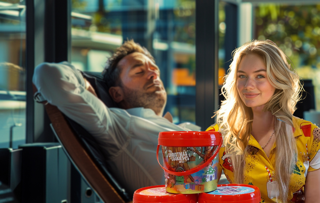 cookie time girl with relaxed office worker behind