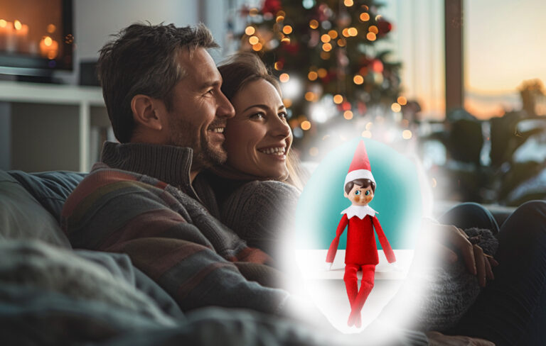 couple relaxing on the couch not worrying about elf on a shelf.