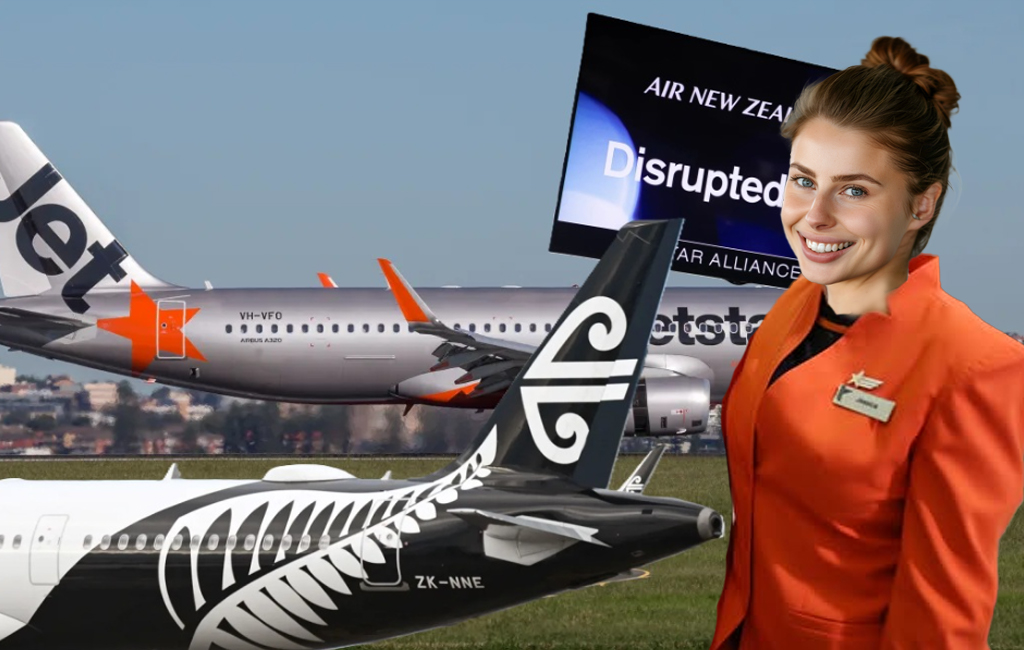 jetstar flight attendant in front of planes