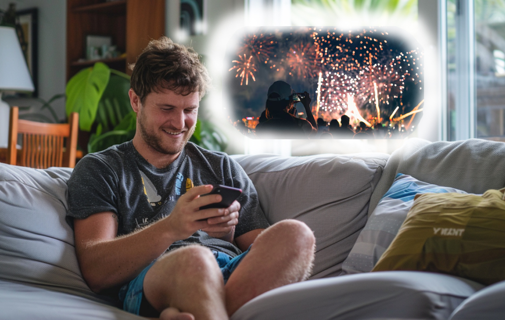 man on couch thinking of fireworks celebration