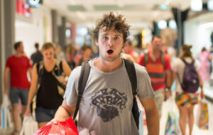 man under pressure in shopping mall.