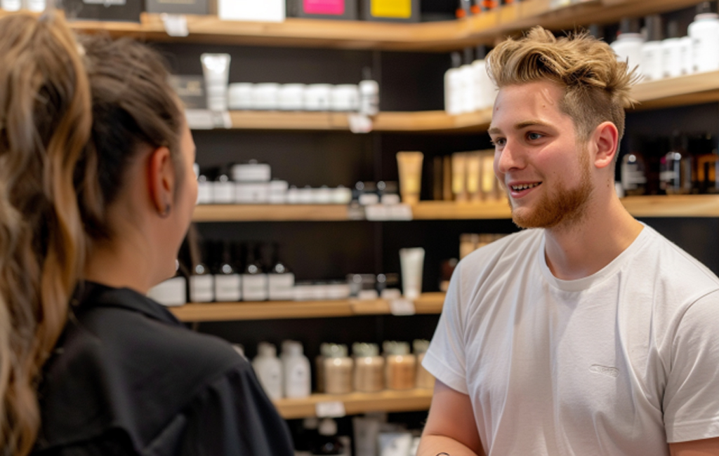 man talking to shop assistant in skincare shop