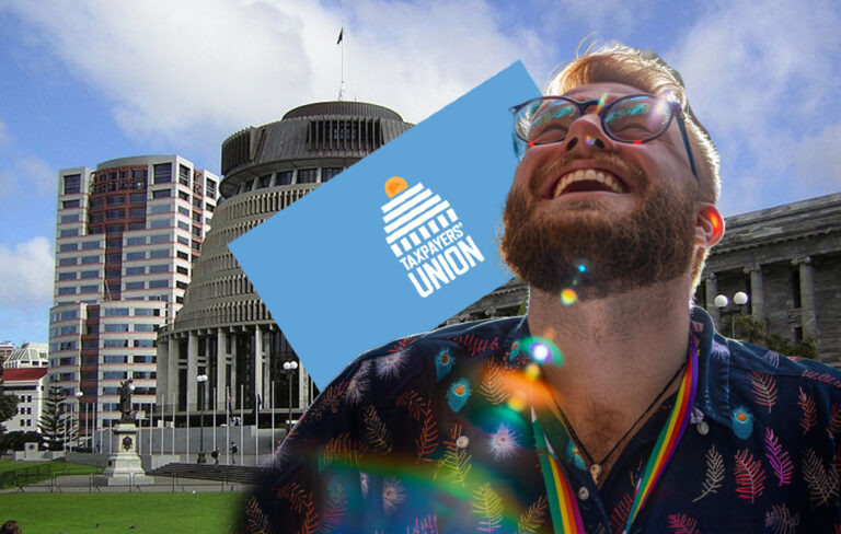 man in front of parliament and taxpayers union logo.