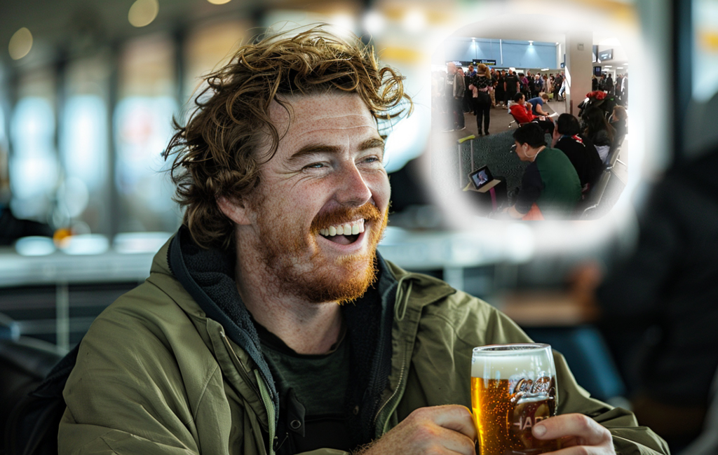 man laughing with beer at airport