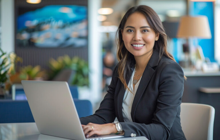 woman at laptop in bank