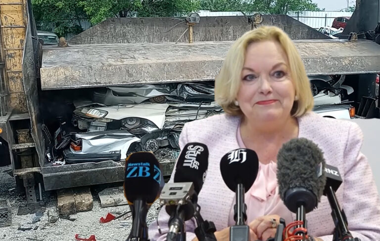 judith collins with crushed car.