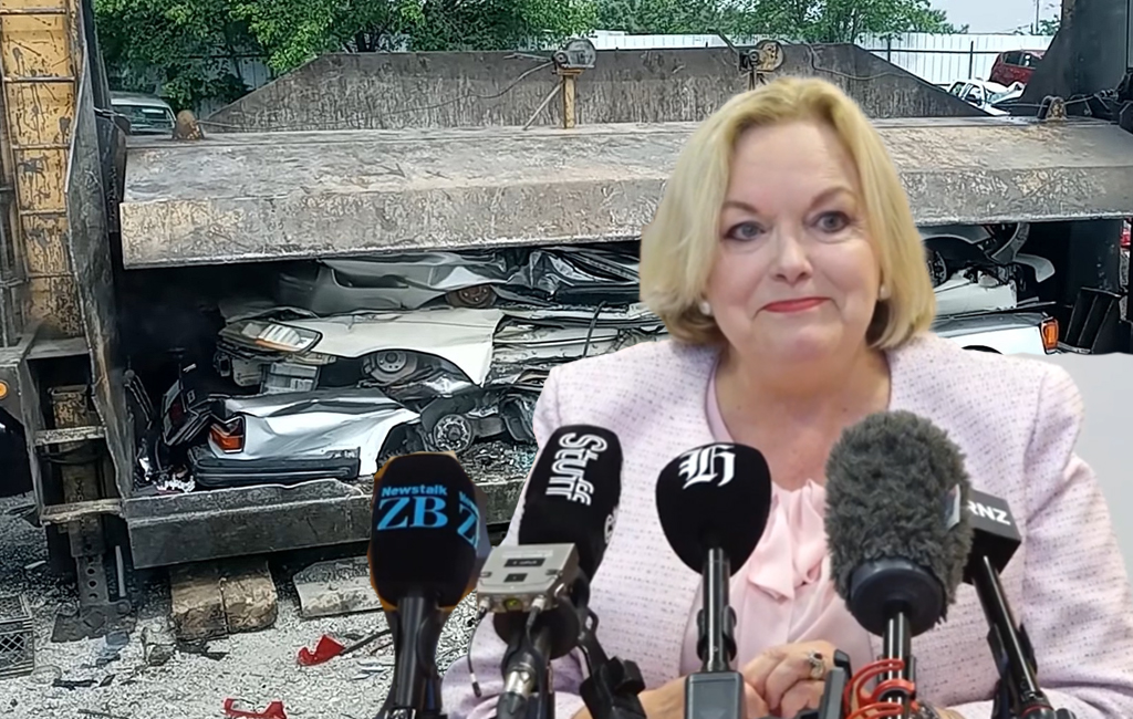 judith collins with crushed car.