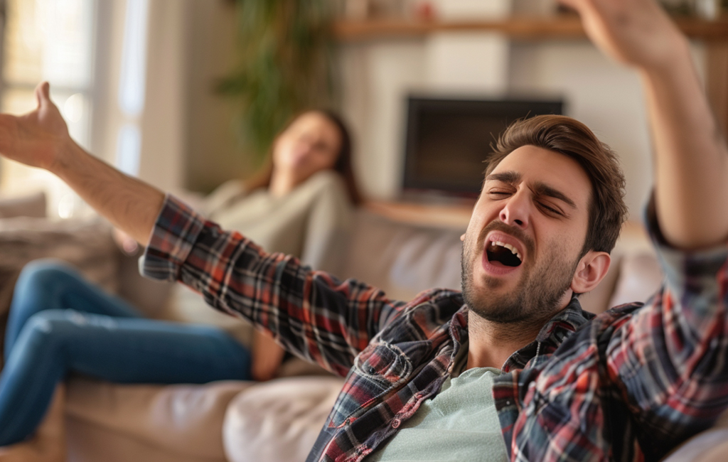 exasperated man with tired girlfriend in background.
