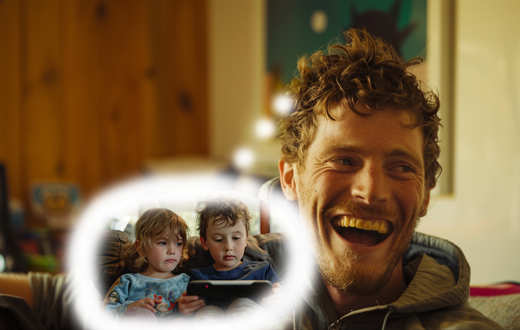 man laughing thinking about kids on ipad quietly engaged.