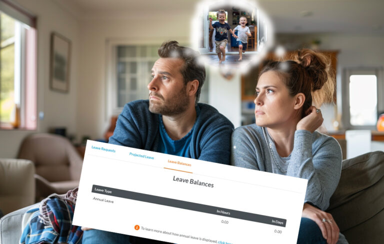 parents sitting on couch thinking about kids and leave balance