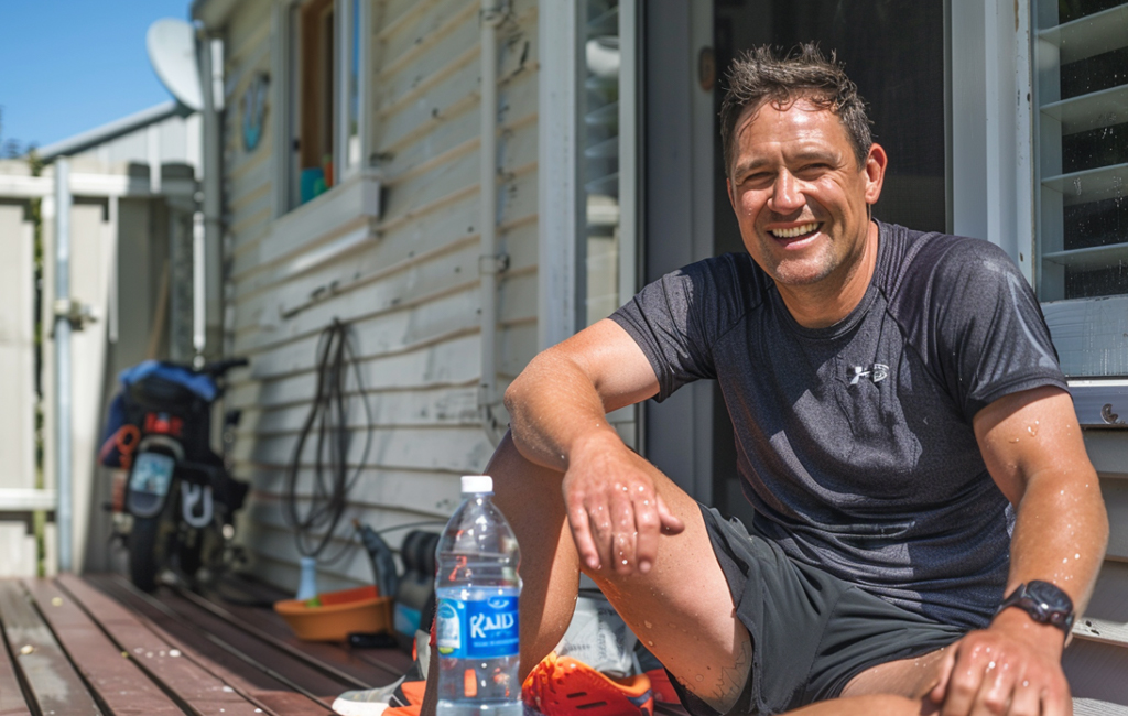 man on deck looking sweaty after run