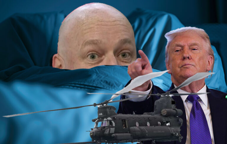 trump with helicopter and luxon hiding under covers