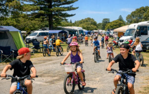 children on bikes at nz camping ground