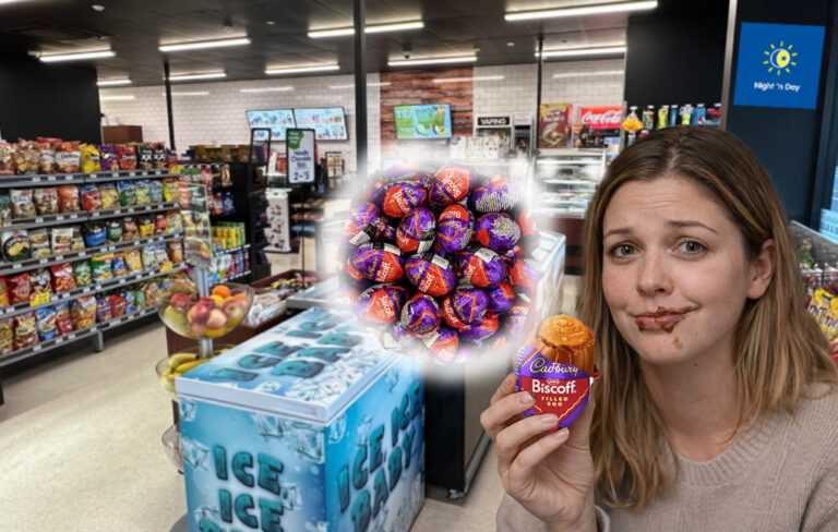 woman eating biscoff egg in shop
