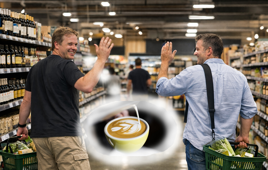 men waving in supermarket, one thinking of coffee