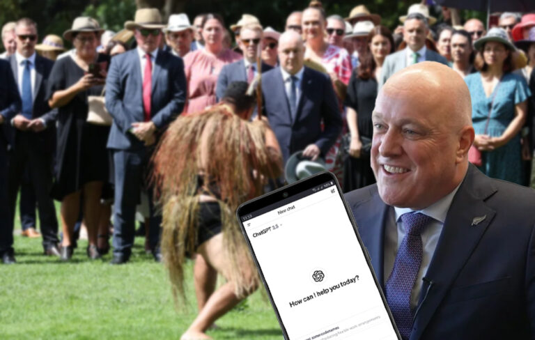 Luxon looking at ChatGPT at waitangi.