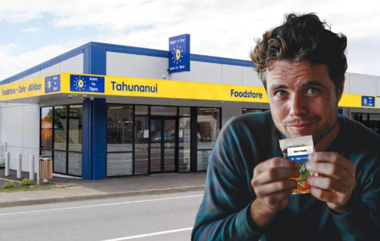 man with lollies outside night n day.