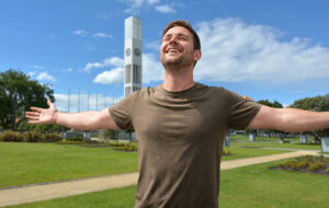 grateful man in The Square in Palmerston North.