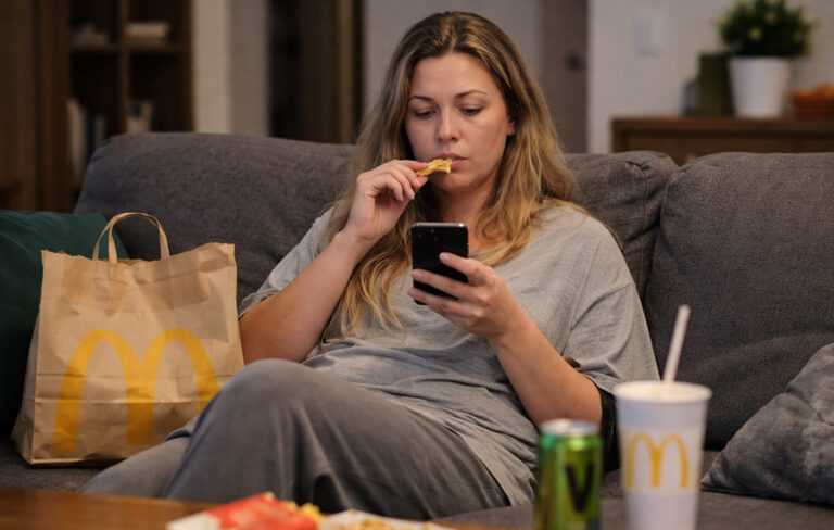 woman on couch eating mcdonalds