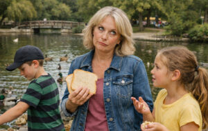 Grandmother and grandkids at duck pond.