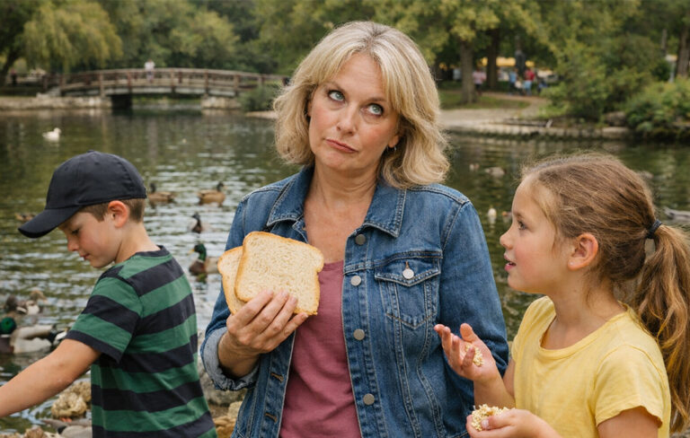 Grandmother and grandkids at duck pond.