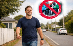 man walking in suburbia thinking about petrol pump