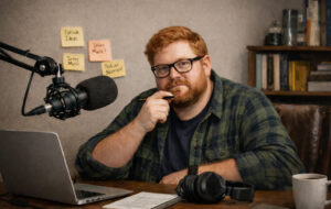 man with microphone and laptop