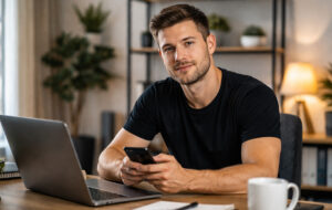 man with coffee at laptop