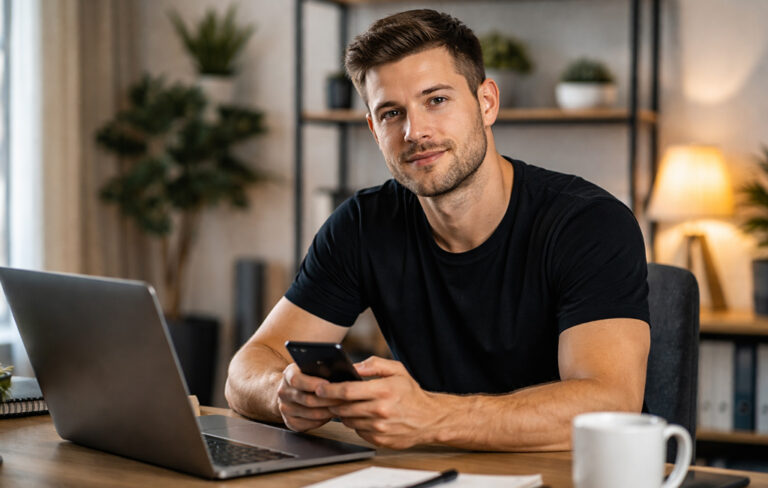man with coffee at laptop