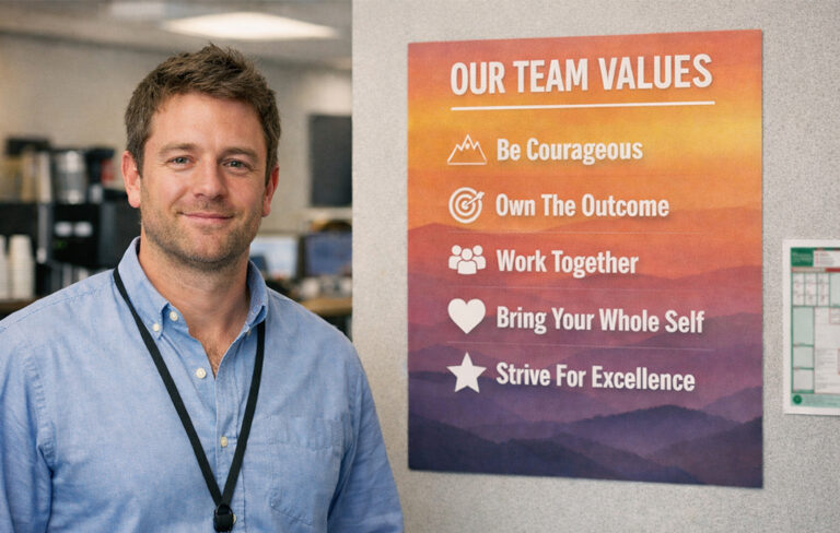 man in office with team values poster