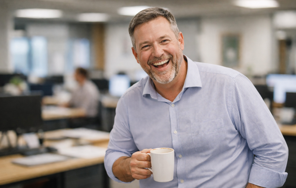 man with coffee in office