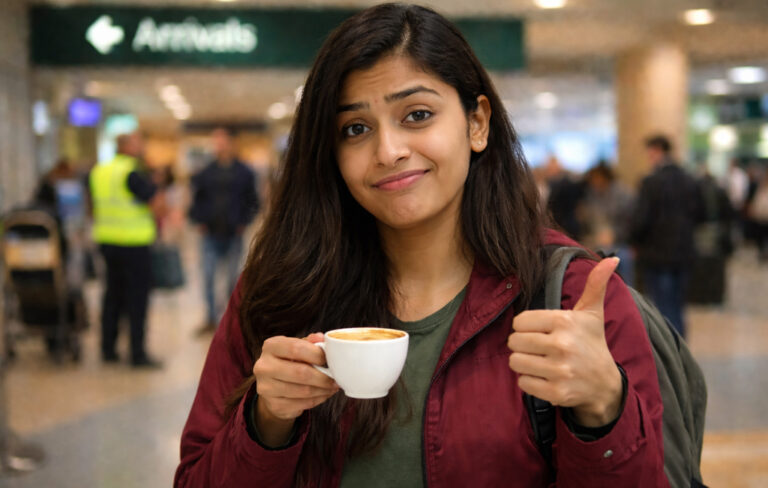 woman in airport with coffee giving thumbs up