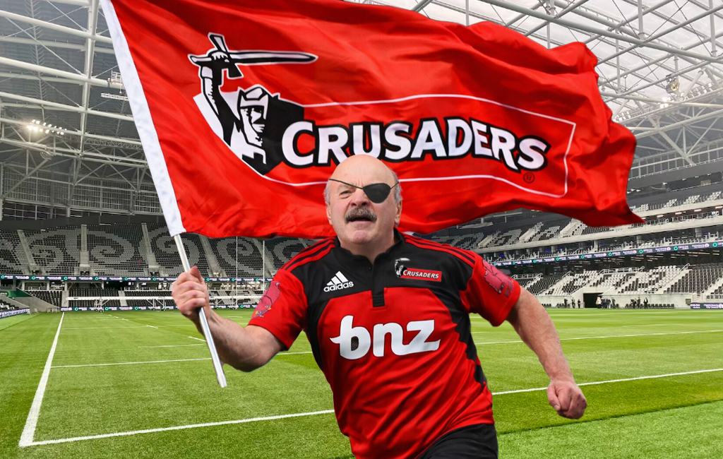 one eyed cantab running with flag around stadium