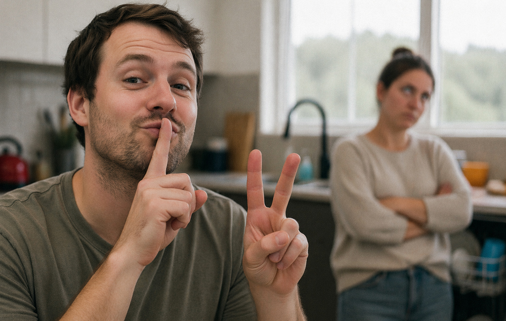 man in kitchen celebrating