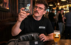 man looking at glass at bar