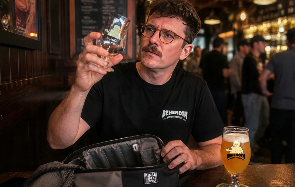 man looking at glass at bar