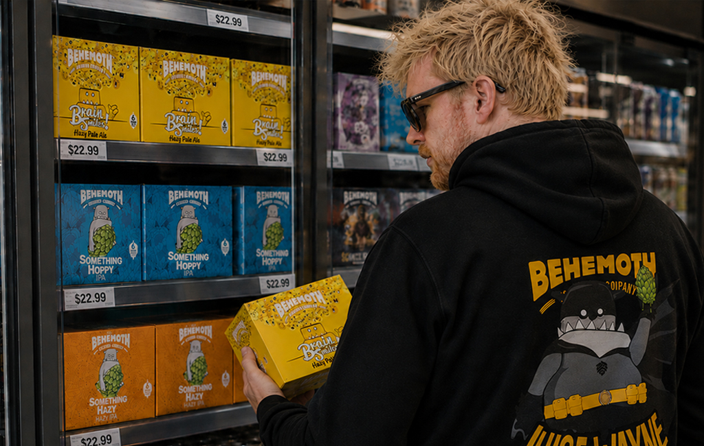 man looking at Behemoth Brewing beers at supermarket
