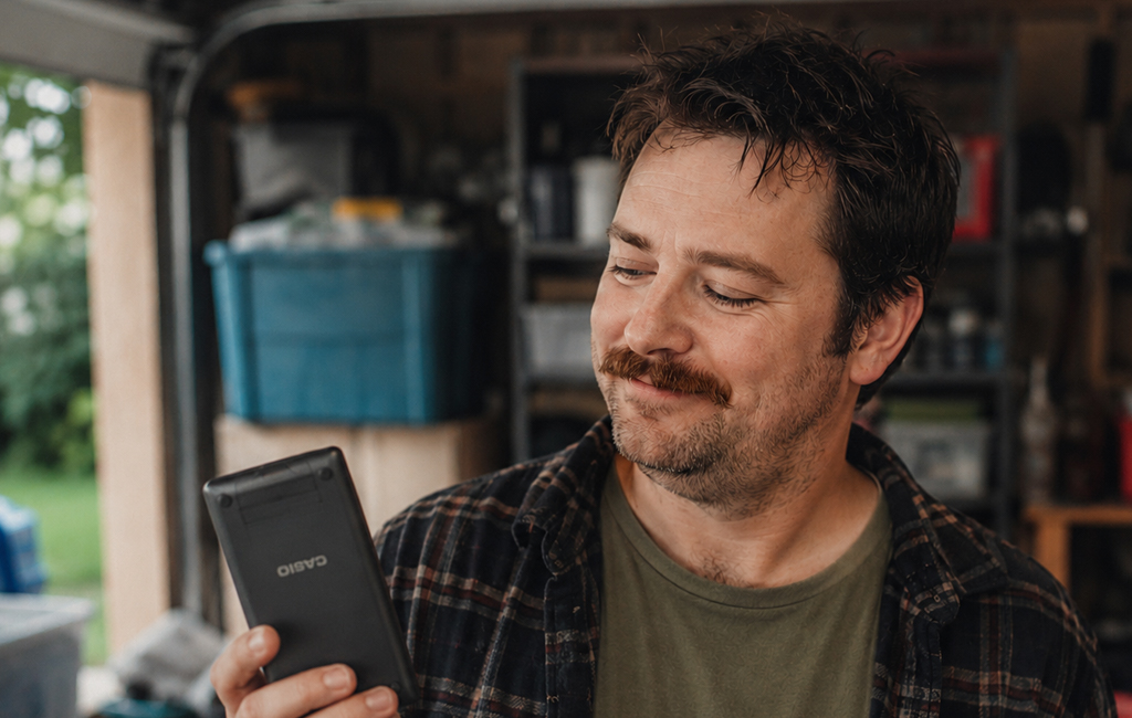 man smirking at calculator