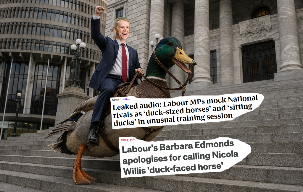 Chris Hipkins riding duck on parliament steps.