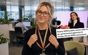 woman wearing two rainbow lanyards