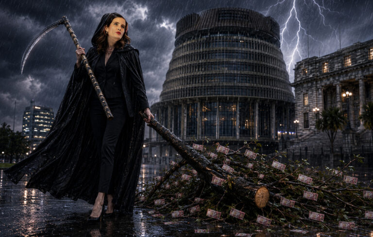 grim reaper nicola willis dragging off money tree