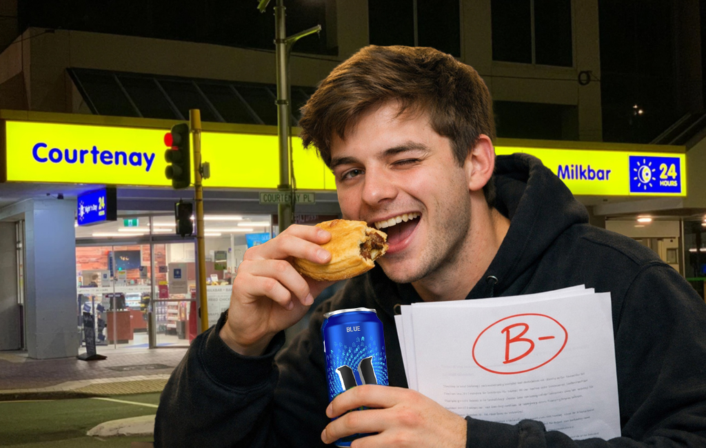 man having pie on courtenay place.