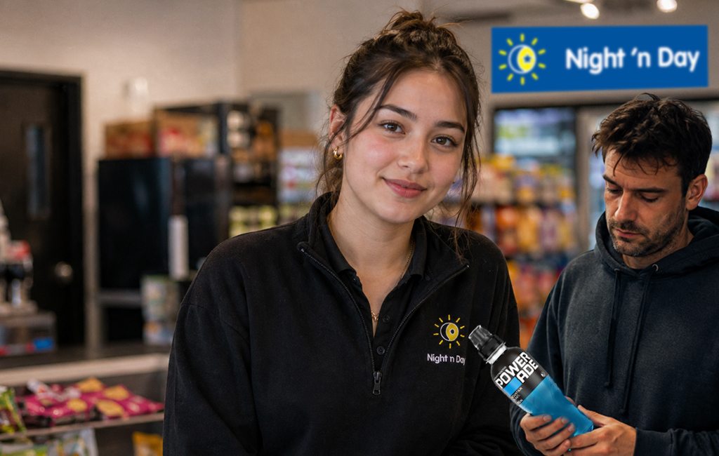 store staff member and man with powerade