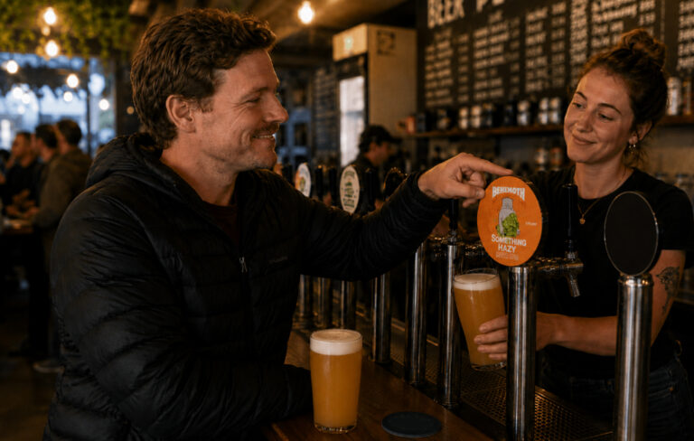 man pointing at a beer tap