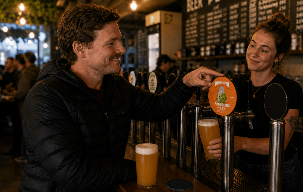 man pointing at a beer tap