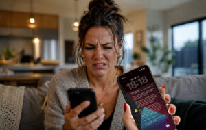 woman looking disgusted at her phone with emergency test alert