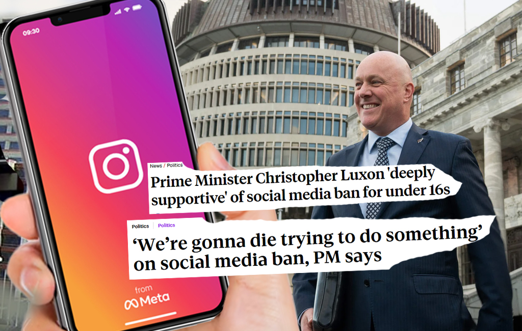 Luxon and phone with instagram at parliament