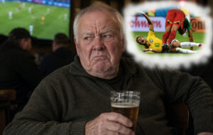 old boy watching football at pub and remembering hollywood performance by Neymar
